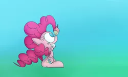 Size: 1090x653 | Tagged: safe, artist:mr. rottson, deleted from derpibooru, derpibooru import, pinkie pie, balancing, cupcake, grin, ponies balancing stuff on their nose, side, sitting, smiling, solo, teeth, tongue out