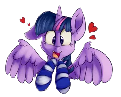 Size: 1971x1576 | Tagged: safe, artist:impcjcaesar, derpibooru import, twilight sparkle, twilight sparkle (alicorn), alicorn, pony, clothes, female, heart, looking at you, mare, open mouth, simple background, smiling, socks, solo, spread wings, striped socks, transparent background