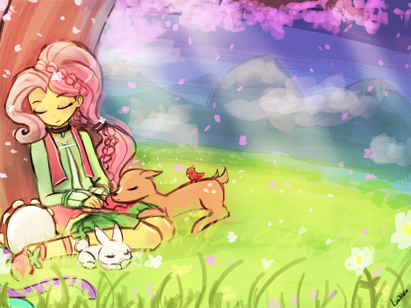 Size: 960x720 | Tagged: safe, artist:lumineko, derpibooru import, angel bunny, fluttershy, bird, deer, equestria girls, friendship through the ages, 30 minute art challenge, alternate hairstyle, animal, braid, cute, eyes closed, flower, folk fluttershy, grass, musical instrument, petals, sitting, sleeping, smiling, tambourine, tree, under the tree, weapons-grade cute