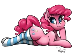 Size: 800x600 | Tagged: safe, artist:phurie edits, colorist:stingray970, derpibooru import, edit, pinkie pie, earth pony, pony, adorasexy, belly button, clothes, cute, diapinkes, draw me like one of your french girls, female, lying down, pinup, prone, sexy, simple background, socks, solo, striped socks, transparent background
