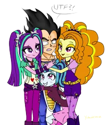 Size: 1286x1460 | Tagged: safe, artist:yukushi1412, derpibooru import, adagio dazzle, aria blaze, sonata dusk, equestria girls, rainbow rocks, adageta, bedroom eyes, blushing, crossover, crossover shipping, dragon ball z, grin, group hug, heart, hug, lucky bastard, open mouth, shocked, smiling, the dazzlings, vegeta, wide eyes, wtf