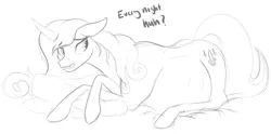Size: 4681x2317 | Tagged: annoyed, artist:patch, bed mane, belly, derpibooru import, fleur-de-lis, fleurtility, kicking, monochrome, pillow, pregnant, safe, side, sketch, solo, tired