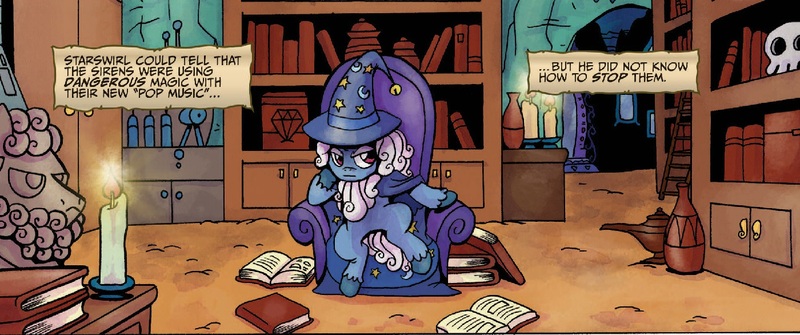 Size: 1400x586 | Tagged: safe, artist:agnesgarbowska, derpibooru import, idw, star swirl the bearded, pony, spoiler:comic, spoiler:comicfiendshipismagic3, beard, book, candle, cape, cave, chair, clothes, comic, facial hair, hat, male, official comic, sitting, skull, solo, stallion, starswirl the grey, wizard hat