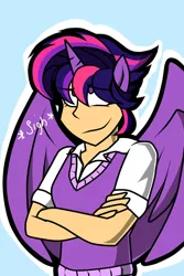 Size: 900x1350 | Tagged: alternate hairstyle, artist:makidotsukashi, castle sweet castle, derpibooru import, eared humanization, haircut, horned humanization, human, humanized, punklight sparkle, safe, solo, twilight sparkle, twilight sparkle (alicorn), winged humanization