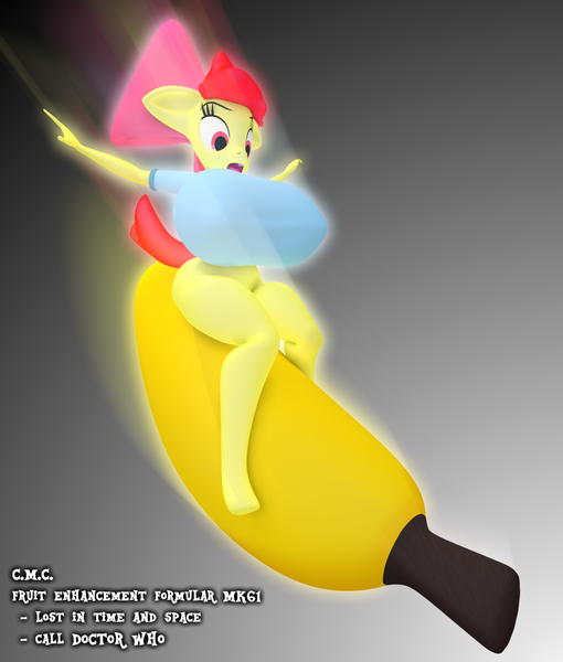 Size: 935x1100 | Tagged: 3d, anthro, apple bloom, artist:sparkbox, banana, big breasts, blender, breasts, busty apple bloom, cg, clothes, derpibooru import, falling, female, hips, huge breasts, impossibly large breasts, older, phallic symbol, questionable, sfm pony, solo, solo female