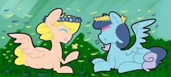 Size: 1143x513 | Tagged: safe, artist:darabirb, derpibooru import, oc, oc:feather paint, oc:palette, unofficial characters only, pegasus, pony, family, floral head wreath, flower in hair, friendshipping