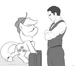 Size: 2000x1800 | Tagged: safe, artist:tex, derpibooru import, applejack, oc, oc:tex, earth pony, human, pony, bipedal leaning, blushing, clothes, eyes closed, female, frown, glare, hat, human male, kissy face, male, mare, monochrome, nope, unamused