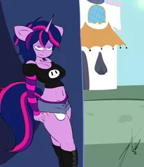 Size: 3000x3500 | Tagged: alternate hairstyle, anthro, artist:honas007, belly button, boots, breasts, busty twilight sparkle, castle sweet castle, cleavage, clothes, derpibooru import, female, frown, high res, midriff, off shoulder, panties, punk, punklight sparkle, shorts, solo, solo female, suggestive, twilight sparkle, underwear