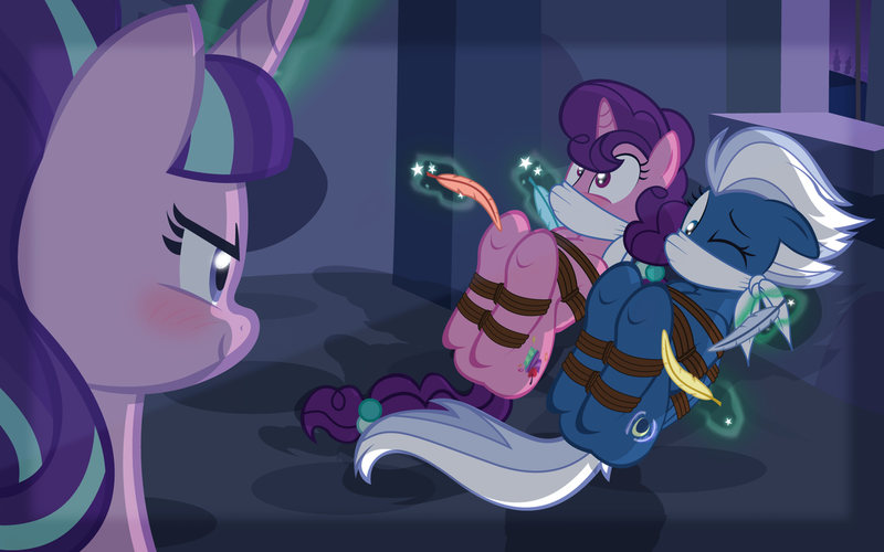 Size: 1280x800 | Tagged: artist:radiantrealm, blushing, bondage, bound wings, cloth gag, derpibooru import, feather, gag, hooves, night glider, rope, rope bondage, show accurate, show accurate porn, starlight glimmer, sugar belle, suggestive, the cutie map, tickle torture, tickling, tied up, underhoof