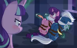 Size: 1280x800 | Tagged: artist:radiantrealm, blushing, bondage, bound wings, cloth gag, derpibooru import, feather, gag, hooves, night glider, rope, rope bondage, show accurate, show accurate porn, starlight glimmer, sugar belle, suggestive, the cutie map, tickle torture, tickling, tied up, underhoof