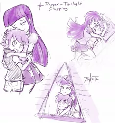 Size: 1037x1109 | Tagged: suggestive, artist:tokatl, derpibooru import, twilight sparkle, equestria girls, accessory swap, age difference, bed, clothes, crossover, crossover shipping, diplight, dipper pines, female, gravity falls, hug, humanized, male, monochrome, pleated skirt, shipping, skirt, straight, straight shota