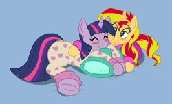 Size: 918x558 | Tagged: safe, artist:caroo, derpibooru import, sunset shimmer, twilight sparkle, pony, clothes, cuddling, cute, female, lesbian, pajamas, shipping, simple background, snuggling, sunsetsparkle, underhoof