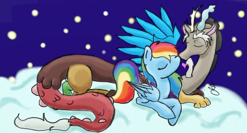 Size: 1024x550 | Tagged: artist:insanityofdeath, derpibooru import, discodash, discord, female, kissing, male, night, rainbow dash, safe, shipping, straight