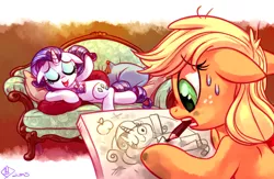 Size: 1500x975 | Tagged: safe, artist:whitediamonds, derpibooru import, applejack, rarity, earth pony, pony, unicorn, close enough, couch, draw me like one of your french girls, eyes closed, eyeshadow, female, floppy ears, freckles, hilarious in hindsight, lesbian, makeup, mare, mouth hold, nailed it, obligatory apple, open mouth, pencil, rarijack, rarijack daily, shipping, stylistic suck, sweat, sweatdrop, titanic
