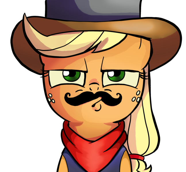 Size: 2000x1855 | Tagged: applejack, artist:ildhb, bandana, cowboy hat, derpibooru import, fake moustache, hat, looking at you, safe, simple background, solo, spoiler:comic22, transparent background