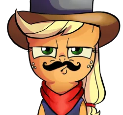 Size: 2000x1855 | Tagged: applejack, artist:ildhb, bandana, cowboy hat, derpibooru import, fake moustache, hat, looking at you, safe, simple background, solo, spoiler:comic22, transparent background