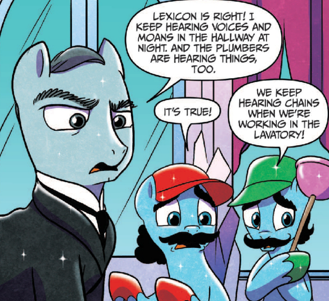 Size: 832x762 | Tagged: safe, derpibooru import, idw, lexicon, ponified, crystal pony, pony, spoiler:comic, spoiler:comicff4, cameo, charles carson, colored hooves, downton abbey, facial hair, luigi, male, mario, moustache, official comic, out of context, plumber, speech bubble, stallion, super mario bros.