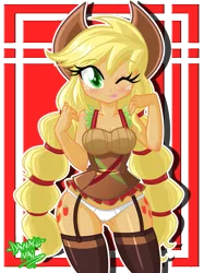 Size: 2245x3000 | Tagged: suggestive, artist:danmakuman, derpibooru import, applejack, equestria girls, friendship through the ages, :p, adorasexy, clothes, country applejack, cute, lingerie, panties, sexy, sleeveless, solo, tongue out, underwear, white underwear, wink