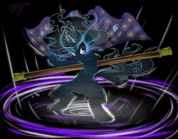 Size: 1280x1001 | Tagged: safe, artist:wrathmo, derpibooru import, trixie, pony, bipedal, glowing eyes, magic, magic circle, solo, staff