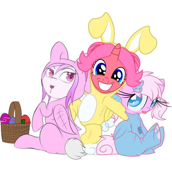 Size: 1024x1024 | Tagged: animal costume, artist:creshosk, artist:mystic-l1ght, artist:starlightlore, basket, bunny costume, clothes, costume, derpibooru import, easter, egg, kigurumi, oc, oc:almond bloom, oc:cherry bloom, oc:violet light, safe, simple background, transparent background, unofficial characters only