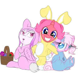 Size: 1024x1024 | Tagged: animal costume, artist:creshosk, artist:mystic-l1ght, artist:starlightlore, basket, bunny costume, clothes, costume, derpibooru import, easter, egg, kigurumi, oc, oc:almond bloom, oc:cherry bloom, oc:violet light, safe, simple background, transparent background, unofficial characters only