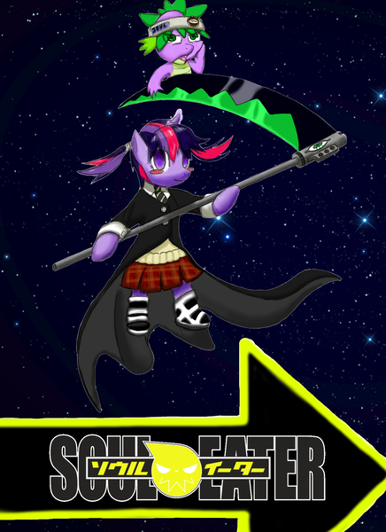 Size: 2521x3467 | Tagged: artist:artisticabraham, clothes, cosplay, crossover, derpibooru import, maka albarn, makalight albarn, safe, scythe, soul eater, soul evans, soulpike evans, spike, twilight sparkle, weapon