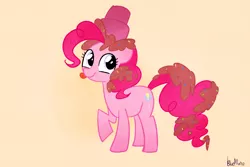 Size: 1280x853 | Tagged: safe, artist:gmrqor, derpibooru import, pinkie pie, hidden confetti cannon, raised hoof, solo, tongue out