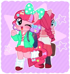 Size: 1280x1349 | Tagged: safe, artist:momo, derpibooru import, pinkie pie, pony, alternate hairstyle, askharajukupinkiepie, bipedal, braid, clothes, cute, diapinkes, duality, eye clipping through hair, glasses, harajuku, pinkamena diane pie, sailor suit, sailor uniform, schoolgirl, skirt, stars, uniform