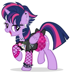 Size: 1168x1200 | Tagged: safe, artist:pixelkitties, derpibooru import, princess celestia, twilight sparkle, twilight sparkle (alicorn), alicorn, pony, castle sweet castle, alternate hairstyle, bedroom eyes, bow, bracelet, british, button, clothes, ear piercing, earring, female, flirting, folded wings, god save the queen, mare, misfits, misspelling, mod, necklace, no chola, open mouth, piercing, punk, punklight sparkle, raised hoof, safety pin, sex pistols, shirt, simple background, skirt, smiling, solo, spiked wristband, sticker, stockings, tail bow, the pogues, torn clothes, transparent background, twilight punkle, vector