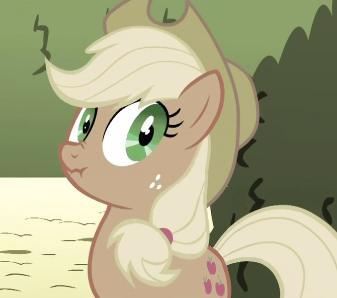 Size: 803x711 | Tagged: safe, derpibooru import, screencap, applejack, earth pony, pony, the return of harmony, discorded, female, freckles, hat, liar face, liarjack, looking at you, mare, nose wrinkle, scrunchy face, solo