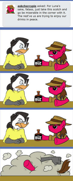 Size: 542x1351 | Tagged: alcohol, artist:calbeck, artist:greyofpta, bar fight, derpibooru import, duck, fallout equestria, fight, inflatabelle, looking at each other, oc, oc:cherry pie, safe, underhoof, unofficial characters only