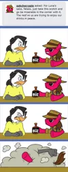 Size: 542x1351 | Tagged: alcohol, artist:calbeck, artist:greyofpta, bar fight, derpibooru import, duck, fallout equestria, fight, inflatabelle, looking at each other, oc, oc:cherry pie, safe, underhoof, unofficial characters only