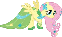 Size: 2799x1687 | Tagged: artist:rockandrollgirl122, clothes, derpibooru import, dress, fluttershy, gala dress, safe, simple background, solo, spread wings, the best night ever, transparent background, vector