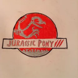 Size: 768x767 | Tagged: safe, derpibooru import, gryphon, spinosaurus, drawing, jurassic park, jurassic park 3, logo parody, skeleton, title screen, traditional art