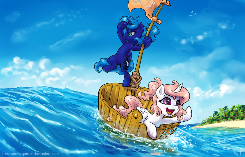 Size: 1250x800 | Tagged: safe, artist:kp-shadowsquirrel, derpibooru import, princess celestia, princess luna, alicorn, pony, armpits, beach, boat, cewestia, cute, cutelestia, duo, female, filly, foal, lunabetes, ocean, open mouth, royal sisters, sisters, smiling, water, woona