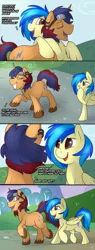 Size: 900x2359 | Tagged: safe, artist:meggchan, derpibooru import, oc, oc:electric spark, oc:silvia, unofficial characters only, pegasus, pony, unicorn, comic:spark of interest, comic, cute, giggling, goggles, hug, outdoors, silspark, smiling, this will end in porn, walking