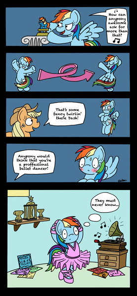 Size: 2480x5374 | Tagged: safe, artist:bobthedalek, derpibooru import, applejack, rainbow dash, pegasus, pony, castle sweet castle, ballerina, ballet, blushing, clothes, comic, dancing, eyes closed, female, freckles, girly, gramophone, make this castle a home, mare, open mouth, pirouette, rainbow dash always dresses in style, rainbowrina, secret, sweat, tomboy taming, trophy, tutu, twirl, weird end