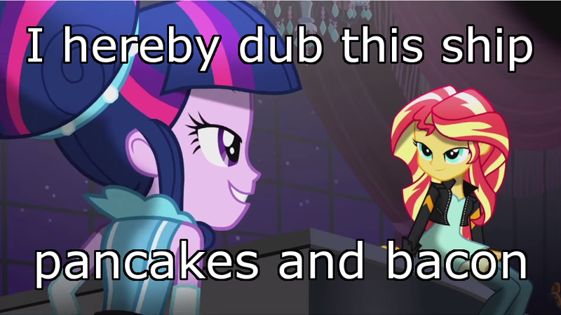 Size: 853x480 | Tagged: safe, derpibooru import, edit, edited screencap, screencap, sunset shimmer, twilight sparkle, equestria girls, friendship through the ages, alternate hairstyle, bacon, bacon hair, bacon pancakes, bedroom eyes, caption, female, grin, i'm pancake, image macro, lesbian, meme, pancakes, piano, shipping, sitting, smiling, sunsetsparkle