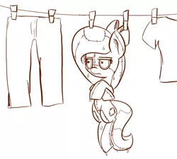 Size: 1024x921 | Tagged: artist:artguydis, clothes line, crossed hooves, derpibooru import, doll, dripping, hagwarders, /mlp/, monochrome, oc, oc:raggie, original species, safe, unofficial characters only, wet