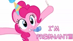 Size: 1191x670 | Tagged: comic sans, derpibooru import, edit, happy, photoshop, pinkie pie, pregnancy test, pregnant, safe, simple background, solo, vector, white background