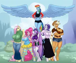 Size: 1280x1065 | Tagged: anthro, applejack, applejacked, artist:marauder6272, bellbottoms, belly button, big breasts, breasts, busty applejack, busty fluttershy, busty pinkie pie, busty rainbow dash, busty rarity, busty twilight sparkle, cleavage, clothes, daisy dukes, derpibooru import, dress, female, fluttershy, group, hips, huge breasts, large wings, mane six, midriff, muscles, pinkie pie, rainbow dash, rarity, shiny, shorts, skirt, smiling, sports bra, spread wings, suggestive, sweater, sweatershy, sweater vest, tutu, twilight sparkle, twilight sparkle (alicorn), unguligrade anthro