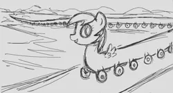 Size: 700x376 | Tagged: artist:versimer, derpibooru import, long pony, monochrome, oc, oc:wheely bopper, open mouth, original species, safe, sketch, smiling, solo, train ponies, unofficial characters only, wat, wheelpone