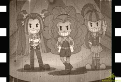 Size: 1165x787 | Tagged: safe, artist:the-butch-x, derpibooru import, adagio dazzle, aria blaze, sonata dusk, equestria girls, rainbow rocks, black and white cartoon, mickey mouse, monochrome, old timey, pacman eyes, style emulation, the dazzlings