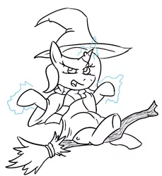 Size: 881x963 | Tagged: safe, artist:jargon scott, derpibooru import, trixie, pony, unicorn, alternate universe, broom, cloak, clothes, female, flying, flying broomstick, hat, magic, mare, monochrome, open mouth, scarf, simple background, sitting, solo, sword rara, wart, white background, wicxie, witch