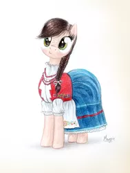 Size: 792x1050 | Tagged: safe, artist:theflyingmagpie, derpibooru import, oc, oc:kicia, unofficial characters only, pony, braid, clothes, dress, female, folk costume, mare, poland, signature, simple background, smiling, solo, traditional art, white background