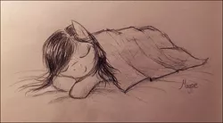 Size: 763x422 | Tagged: artist:theflyingmagpie, blanket, derpibooru import, monochrome, oc, oc:kicia, safe, sleeping, solo, traditional art, unofficial characters only