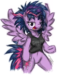 Size: 1000x1327 | Tagged: alternate hairstyle, anthro, arm hooves, artist:flutterthrash, bipedal, bottomless, clothes, derpibooru import, punklight sparkle, safe, solo, twilight sparkle, twilight sparkle (alicorn)