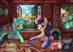 Size: 1222x863 | Tagged: safe, artist:jowybean, derpibooru import, bon bon, lyra heartstrings, princess celestia, sweetie drops, bird, pony, apron, baking, baking sheet, bon bon is amused, bon bon's baking cookies girls, bottle, calendar, clothes, cookie, cookie cutter, cookie dough, cooking, cupboard, dough, female, food, interior, mare, milk, mountain, open mouth, oven, oven mitts, ponyville, rolling pin, scale, sink, slice of life, smiling, spoon, toaster, tree, window