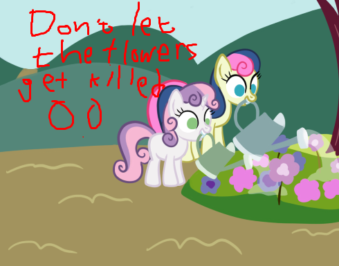 Size: 490x385 | Tagged: safe, derpibooru import, bon bon, sweetie belle, sweetie drops, earth pony, pony, robot, robot pony, unicorn, advice, blank flank, female, filly, flower, foal, hooves, horn, mare, sweetie bot, teeth, watering can