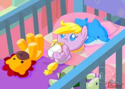 Size: 980x700 | Tagged: safe, artist:great9star, derpibooru import, oc, oc:amethyst reverie, unofficial characters only, dolphin, pegasus, pony, baby, baby pony, crib, cute, diaper, foal, milk, suckling, toy